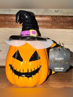 Cute 🥰 Jack O Lantern with Witch 🧙 Hat Mug 15 OZ NWT W/Lid  Ceramic Halloween 🎃